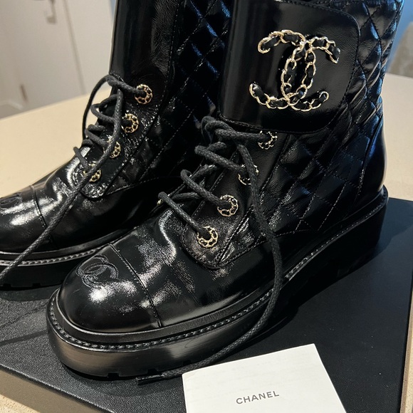 CHANEL Shoes - Authentic pair of CHANEL Shiny Calfskin Quilted Lace Up Combat Boots